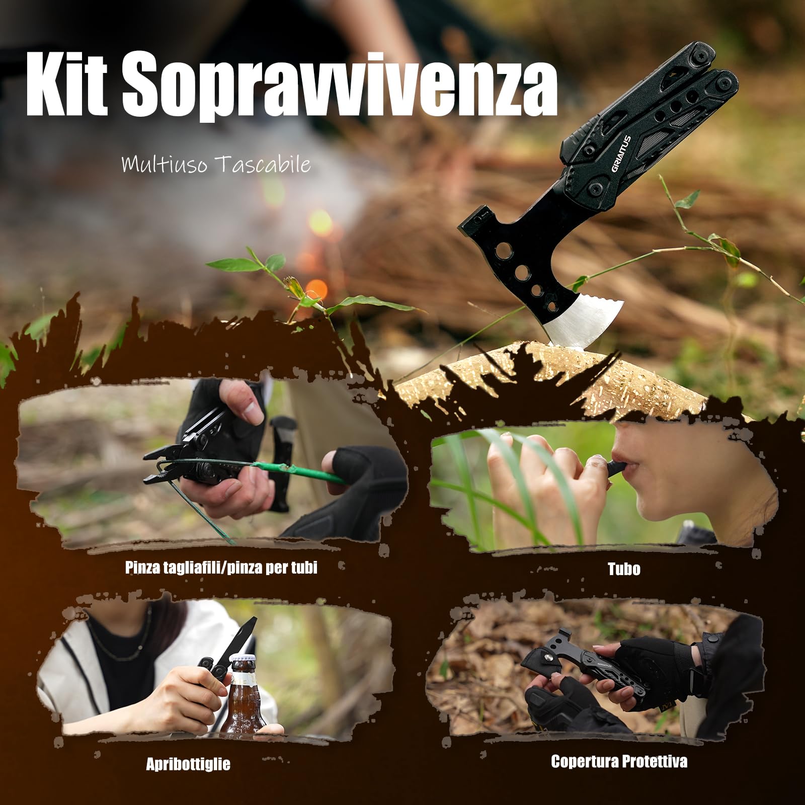 Multitool 16w1 Asce Sopravvivenza Coltello Martello Pinze Seghetto Cacciavite