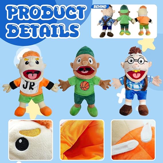 3PCS Jeffy Puppet Plush Toy Doll, 40CM Jeffy Hand Puppets with Working Mouth, Mischievous Funny Puppets Toy for Play House, Boys and Girls, Soft Puppet for Birthday Christmas Halloween Party