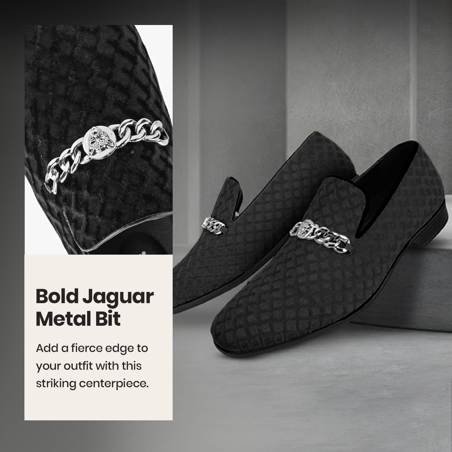 Amali Velvet Slip-On Dress Loafers for Men with Lion Head Piece, Men's Formal Smoking Tuxedo Slippers, Loafer Shoes with Metal Chain Detail - Image 3