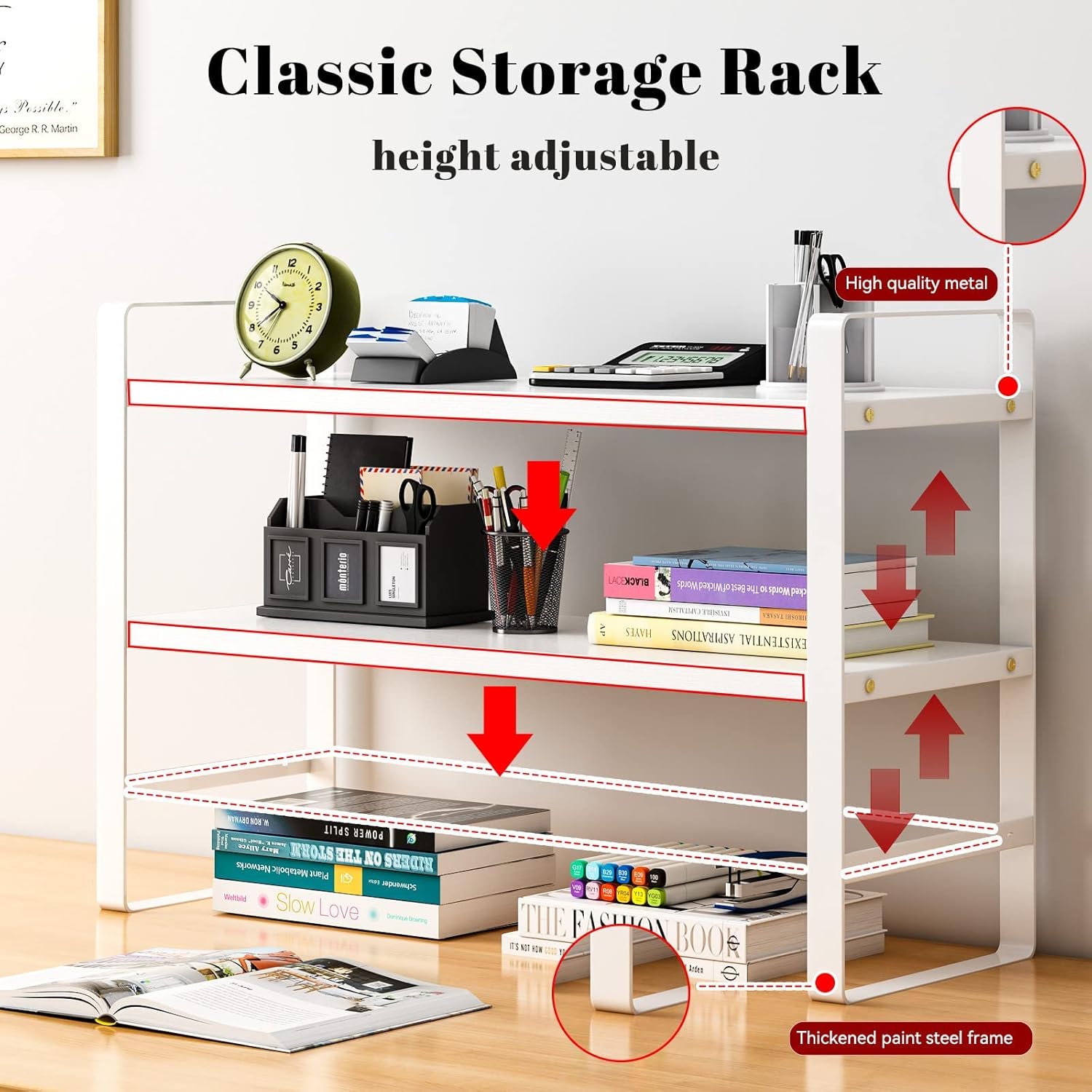 hodiczk Upgraded Small Desk Shelf Organizer with Tiers, Cute Desktop Organizer Shelf Storage, Kawai Desktop Bookshelf Hutch for Dorm, Home, School, Office (White Rack White Frame, 2 Layer) : Office Products