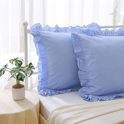 Miniatura 3 de Paquete de 2 fundas de almohada europeas 100% algodón, estampado de lunares azules en volantes blancos, fundas de almohada cuadradas grandes,