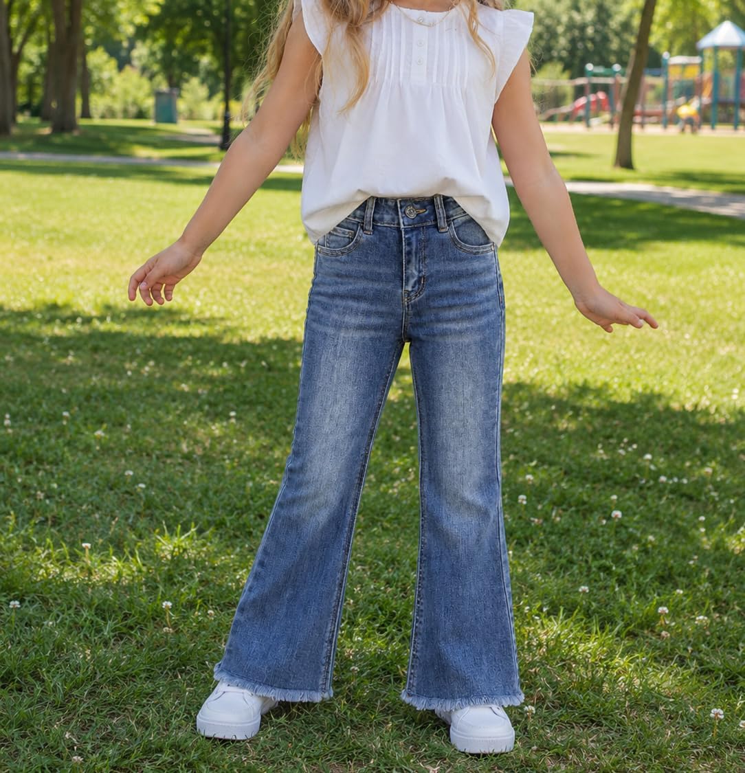 KIDSCOOL Little Big Girls Flared Jeans Frayed Hem Bell Bottom Denim Pants