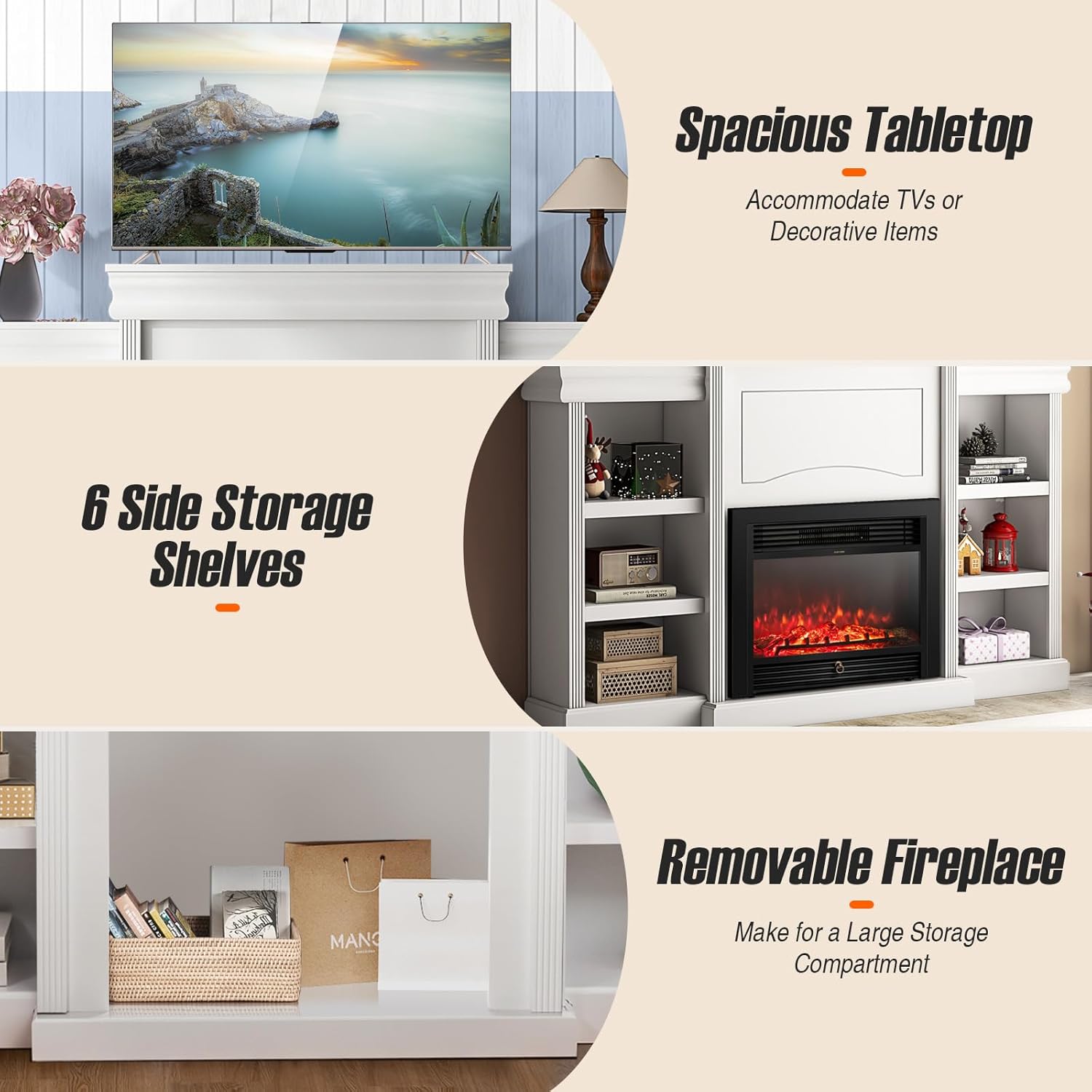Giantex 70" Electric Fireplace TV Stand, 1500W Electric Fireplace Inserts with 3 Flame Colors, Media Console, TV Cabinet with Fireplace, 6 Shelves, Entertainment Center for Bedroom, Living Room