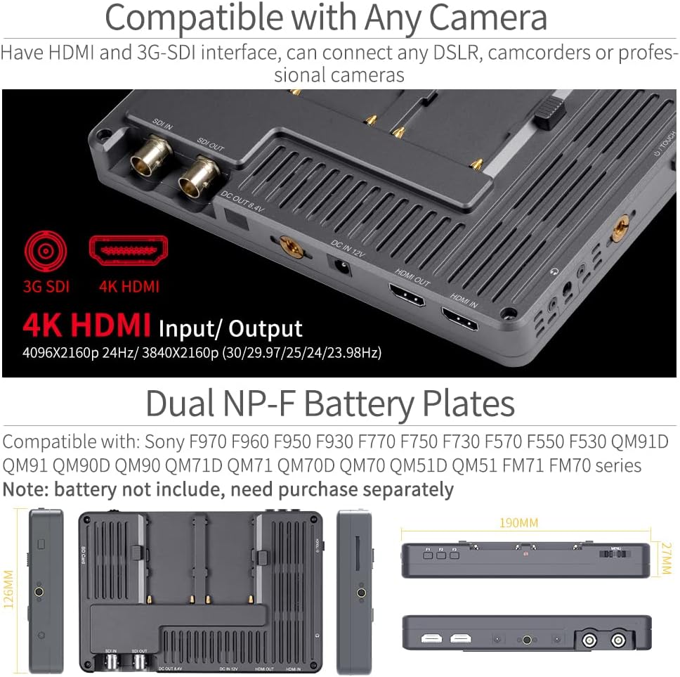 L7S 7 Inch 4K HDMI Camera Field Monitor 2200nit Ultra Bright 3D Lut Touch Screen DSLR Monitor Aluminium Housing 1920x1200 IPS 3G SDI DC Output Waveform Light Sensor