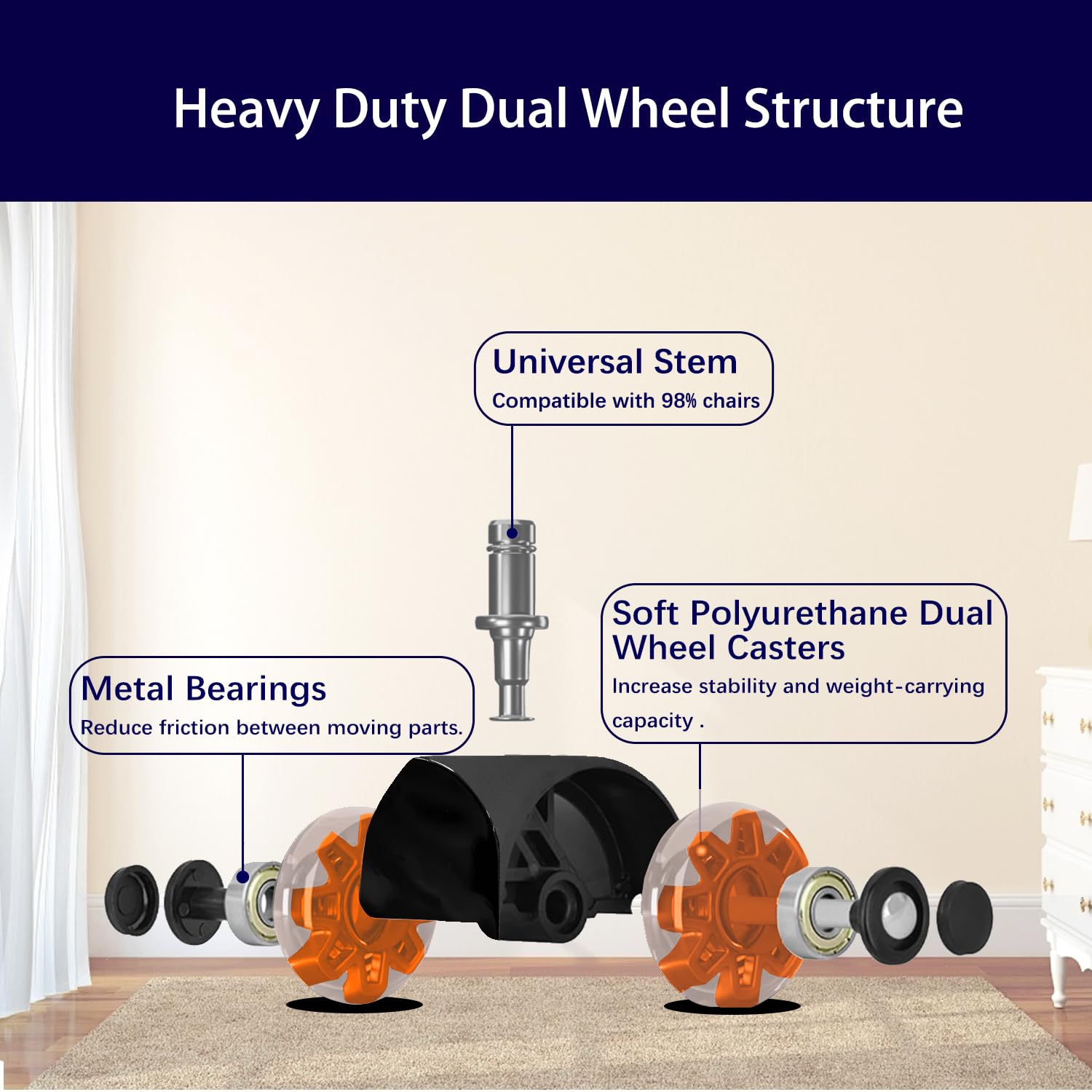 Hirate Office Chair Caster Wheels Heavy Duty(Set of 5), 3” Dual Ball Roller Furniture Chair Casters Replacement Mute Rolling for Hardwood Floors & Carpet Universal Fit 7/16" x 7/8", Orange