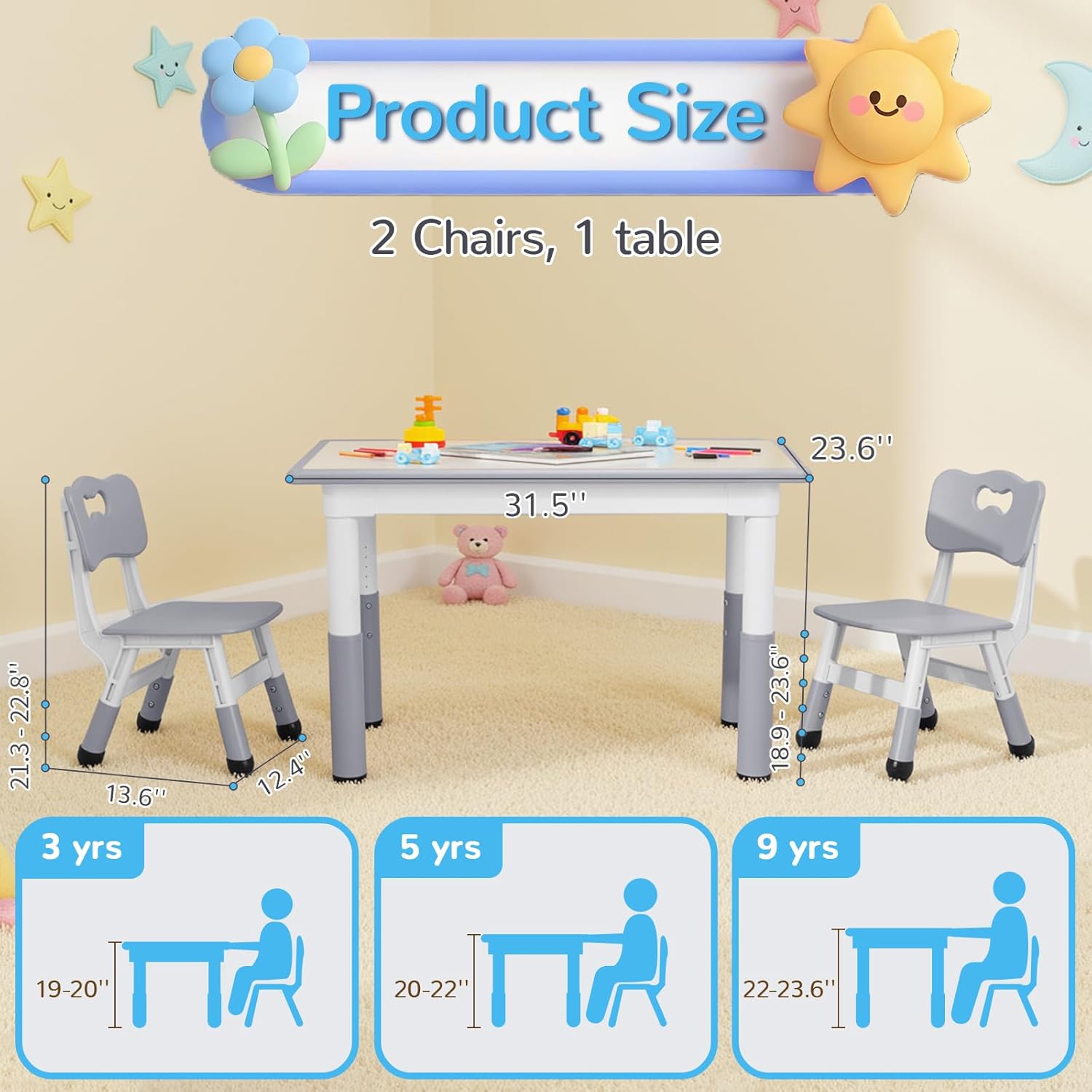 Arlopu Kids Table and 2 Chairs Set, Height Adjustable Toddler Desk (31.5" L x 23.6" W), Anti-Slip Legs & Graffiti Rectangular Desktop, Multi-Activity Table for Daycare, Homeschool, Playroom (Grey)