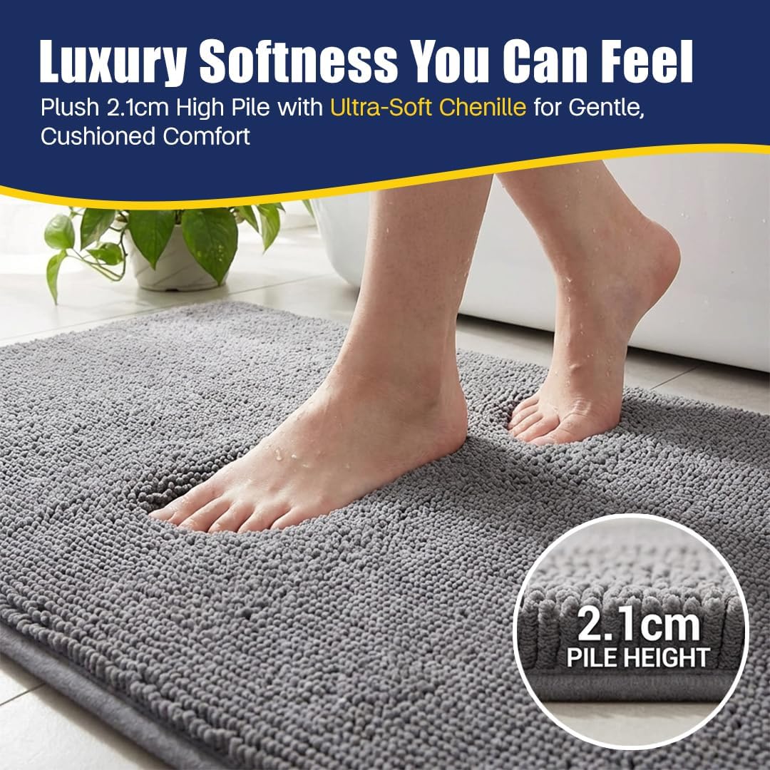 Muddy Mat® CloudStep Bathroom Rugs 2 Piece Set, Non Slip Bath Mats for Bathroom, Absorbent Memory Foam Chenille, Machine Washable Quick Dry Toilet Rug Set, Grey 20"x30" + 20"x20" U-Shaped