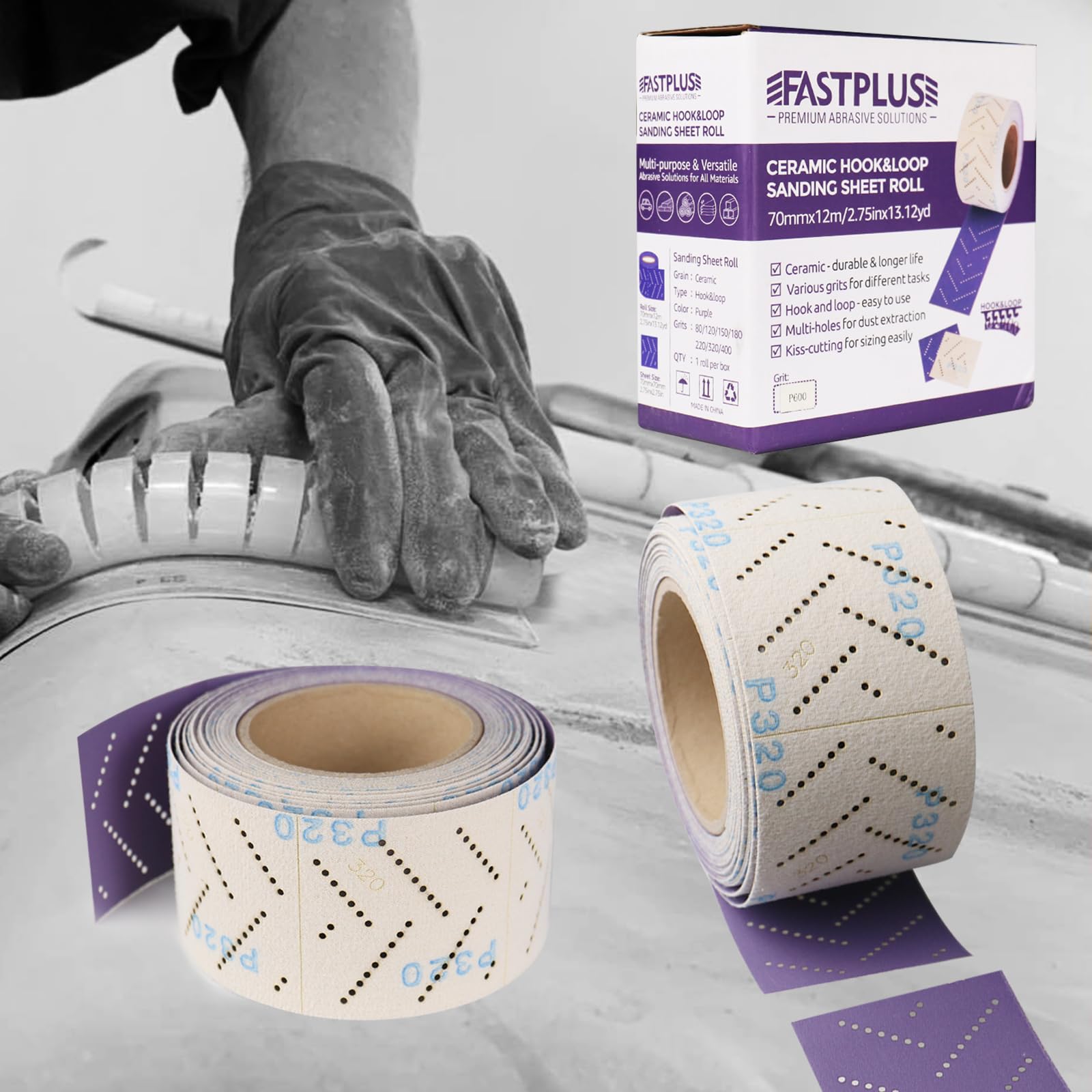 Rotolo di fogli abrasivi, rotolo di carta abrasiva, in ceramica viola, con fori a zigron, 70 mmx12 m, per levigatura del legno, rimozione del rivestimento, riparazione del corpo, grana 600