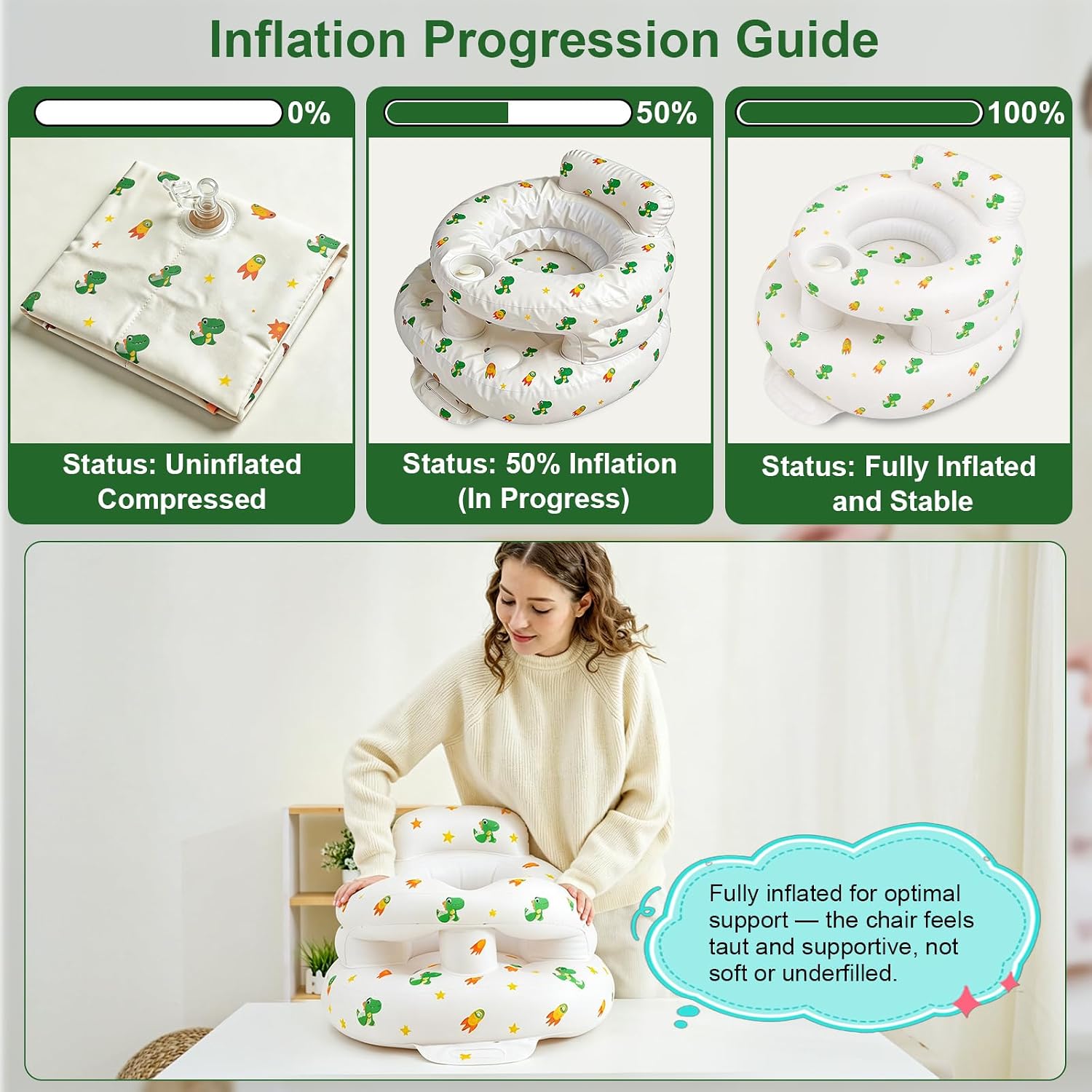 Inflatable Baby Seat with Built-in Pump and Back Support, Green Dinosaur image 5