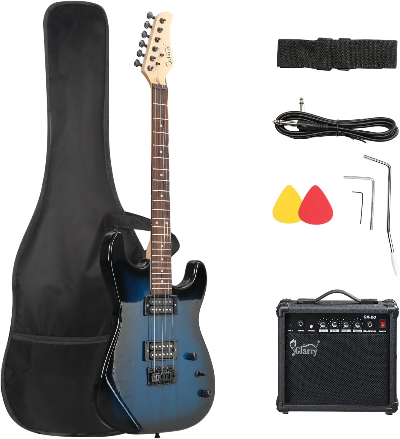GLARRY 39in Electric Guitar Kit, H-H Pickup Full Size Set for Beginners, Starter Adults with 20W Amp, Guitar Bag, Strings, Strap, Pick (Dark Blue)