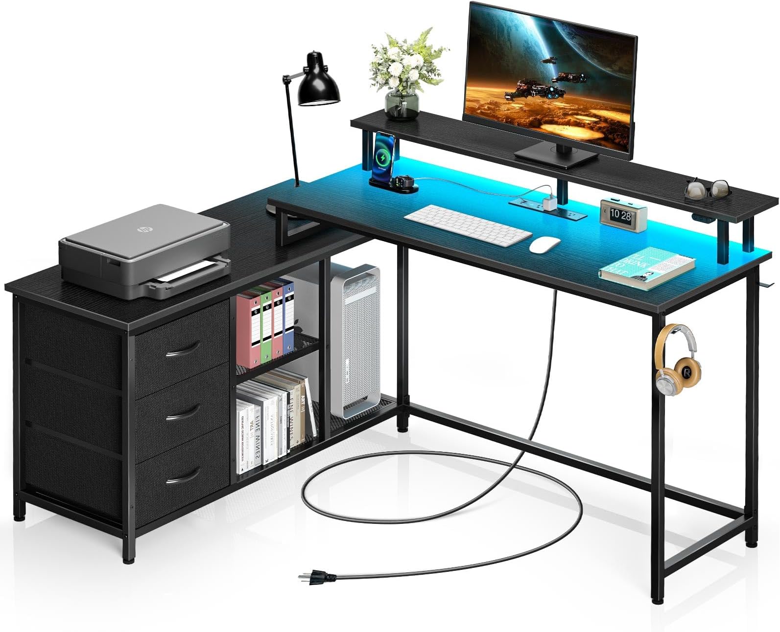 Seventable L Shaped Computer Desk with Drawers, Reversible Gaming Desk with LED Lights & Charging Port, Corner Desk with Storage Shelves & Monitor Stand for Home Office Black