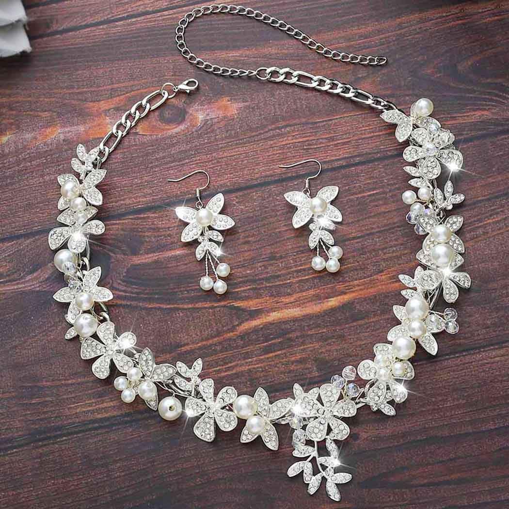 Unicra Crystal Flower Bridal Wedding Jewelry Set Rhinestone Necklace Earrings Sets Pearl Formal Costume Jewelry for Women and Brides - Image 2