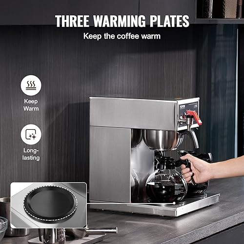 Miniatura 3 de VEVOR Cafetera de goteo comercial de 12 tazas, cafetera con 3 jarras de vidrio y 3 platos calentadores, cafetera de acero inoxidable con entrada