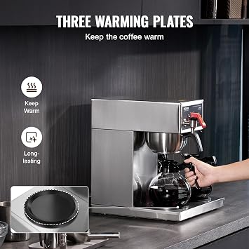 VEVOR 12 Cups Commercial Drip Coffee Maker, Coffee Maker Machine with 3 Glass Carafes and 3 Warmer Plates, Stainless Steel Pour Over Coffee Brewer with Auto Water Intake, for Restaurant Office Cafe