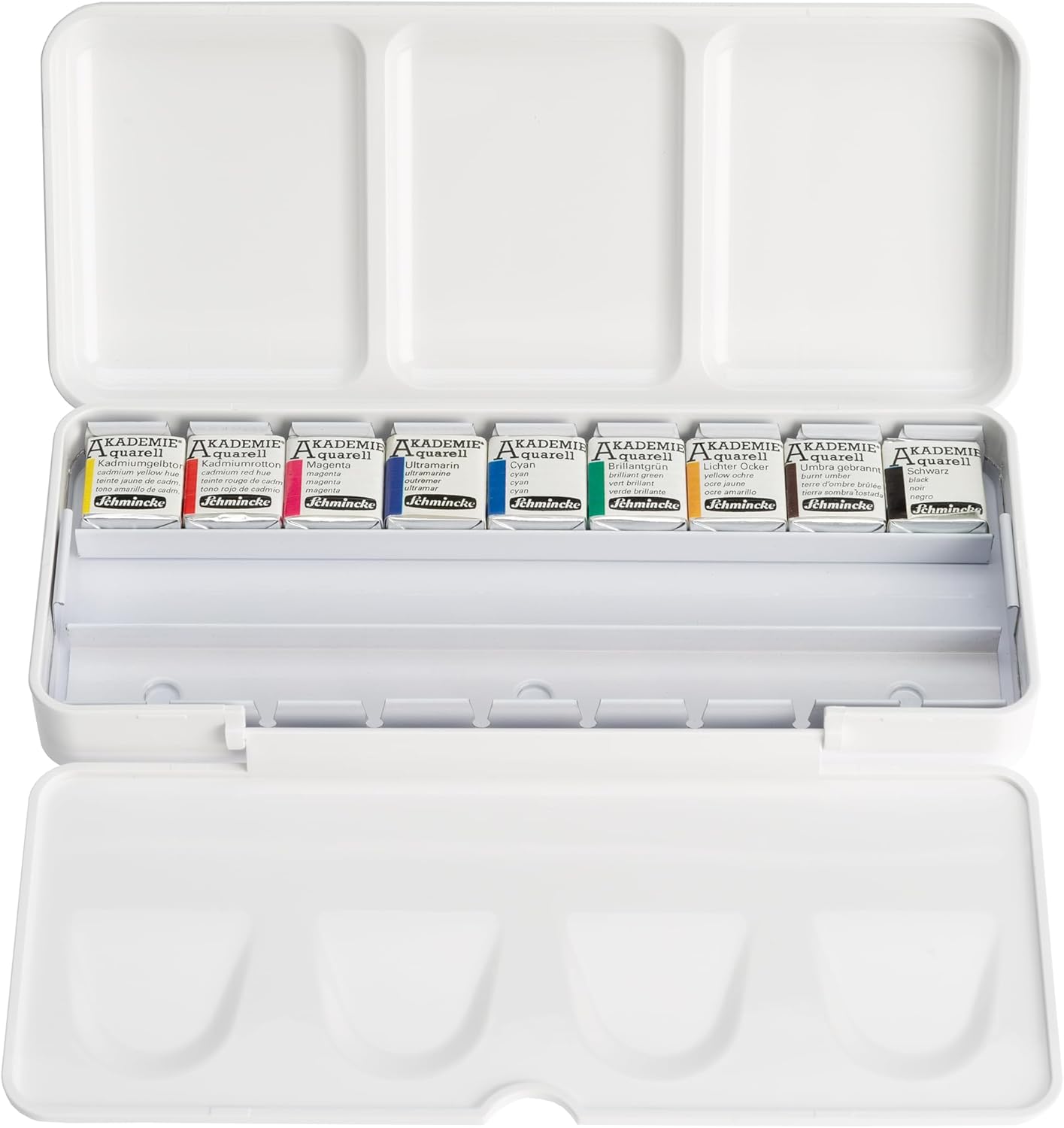 Schmincke - AKADEMIE® Watercolor paint box, plastic set, basic assortment 9 x 1/2 cups, 75 790 097, metal box, highly lightfast shades, fine artists' watercolors