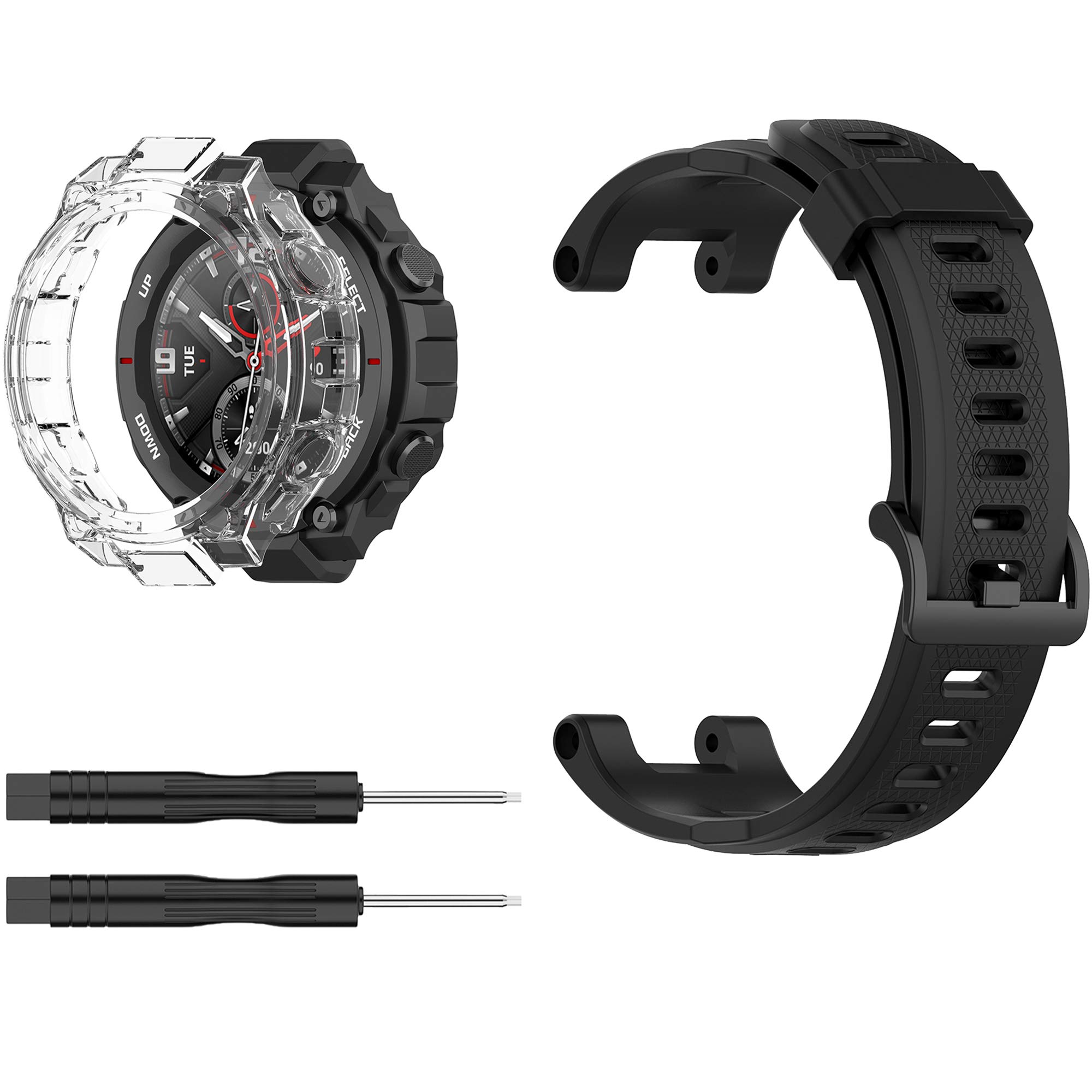 Compatible with Amazfit T-Rex/T-Rex Pro Watch Case with Band, Transparency TPU Protective Case Cover and Soft Silicone Replacement Straps For Huami Amazfit T-Rex Smartwatch(Black band+Clear case)