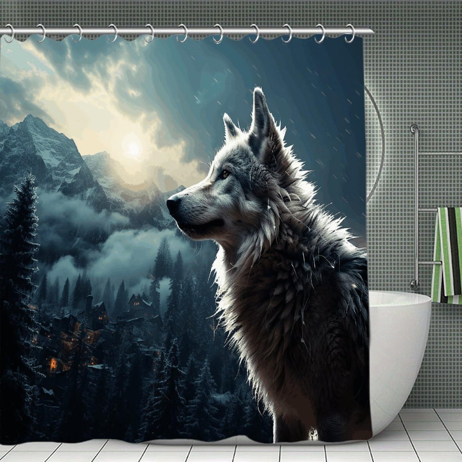 VstaDank Wolf at Night Bath Curtain Elegant Heavy Duty Shower Curtains 70x70 in Rustic Farmhouse Cloth Shower Curtains Neutral Modern Bath Curtain for Bathroom