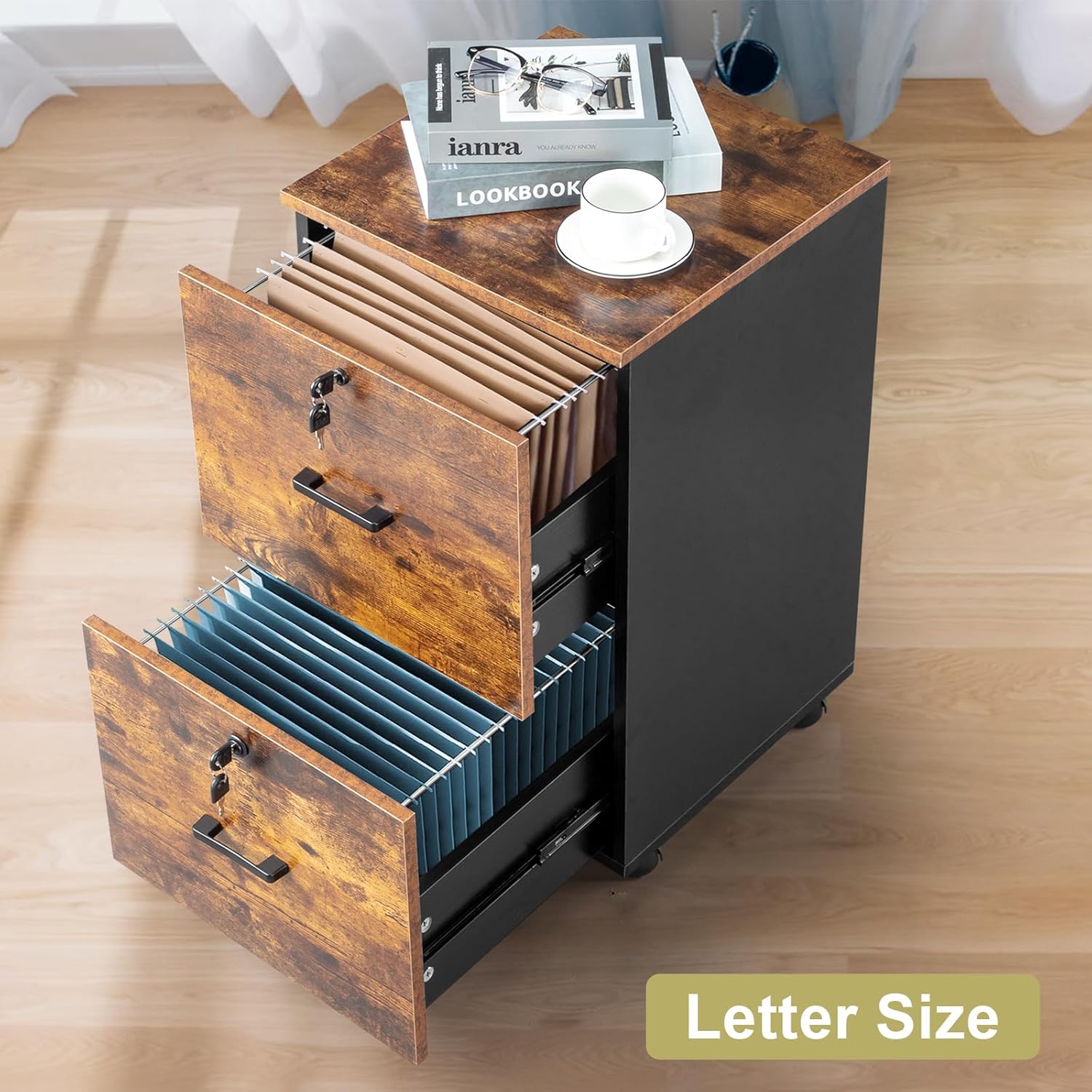 2-Drawer Rolling Wood File Cabinet with Lock, Brown & Printer Stand, for A4, Letter-Size Documents Black