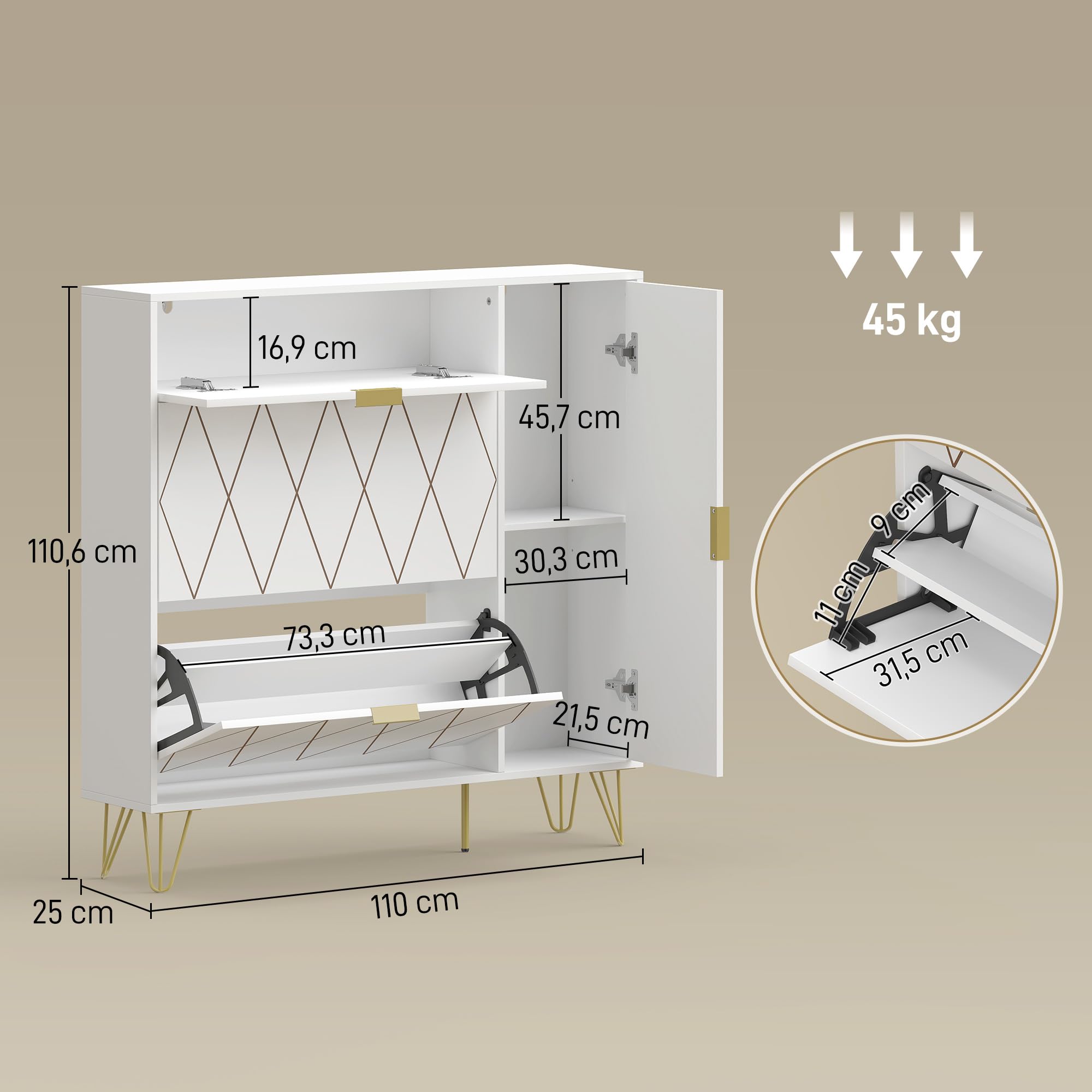 HOMCOM Zapatero Estrecho con 2 Cajones Abatibles 110x25x110,6 cm Blanco | Mueble Zapatero Moderno con Armario y Estantes Ajustables, 10-14 Pares de Zapatos, para Pasillo, Entrada, Recibidor