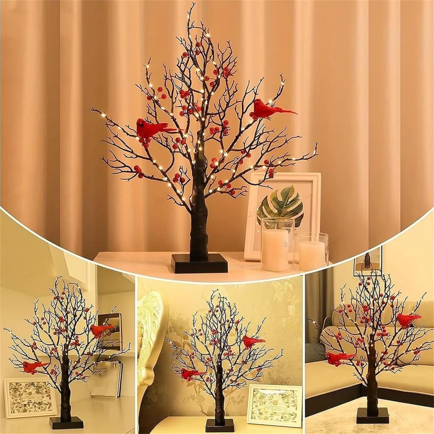 21" Vintage Glowing Cardinal Tree - Battery-Operated LED Twinkle Tree For Halloween & Christmas Decor