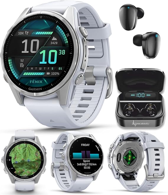 Garmin Fenix 8 43 mm, AMOLED Multisport GPS Smartwatch, Silver with Whitestone Silicone Band, Built-in LED Flashlight Black Earbuds Bundle