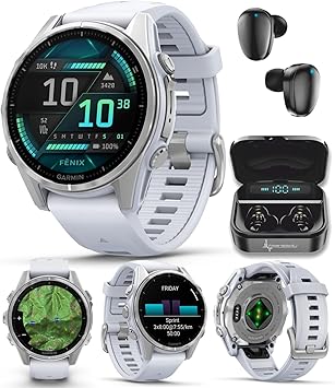 Garmin Fenix 8 43 mm, AMOLED Multisport GPS Smartwatch, Silver with Whitestone Silicone Band, Built-in LED Flashlight Black Earbuds Bundle