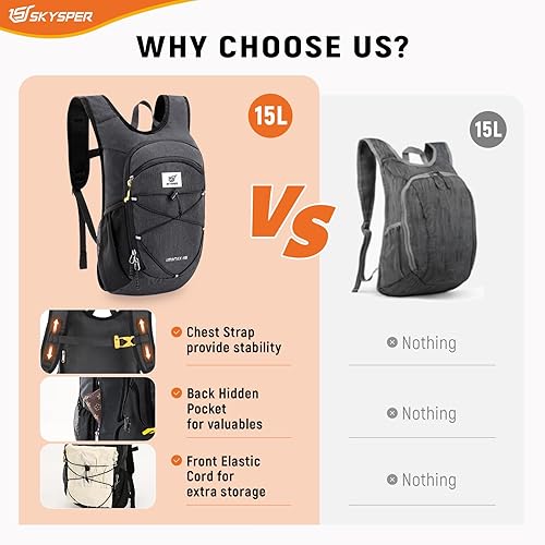 Vista 5 de SKYSPER Mochila de senderismo plegable de 15L20L, mochila de viaje plegable ligera con correa para el pecho, paquete plegable pequeño para caminar
