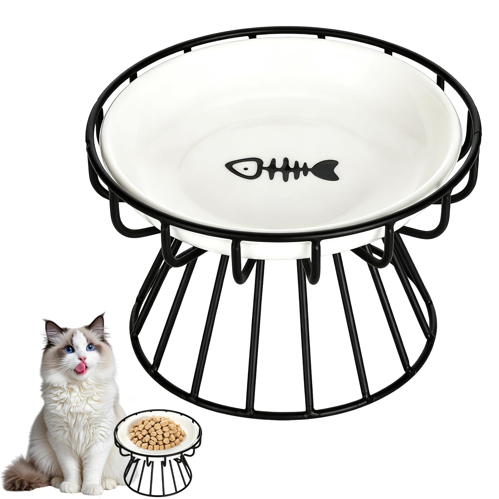 AiQInu Comedero Gato Elevado, Comedero Gato Cerámica con Soporte 10cm, Comedero Elevado Gatos para Proteger Cuello & Estómago, 15cm Apertura Ancha Anti - Fatiga Bigotes