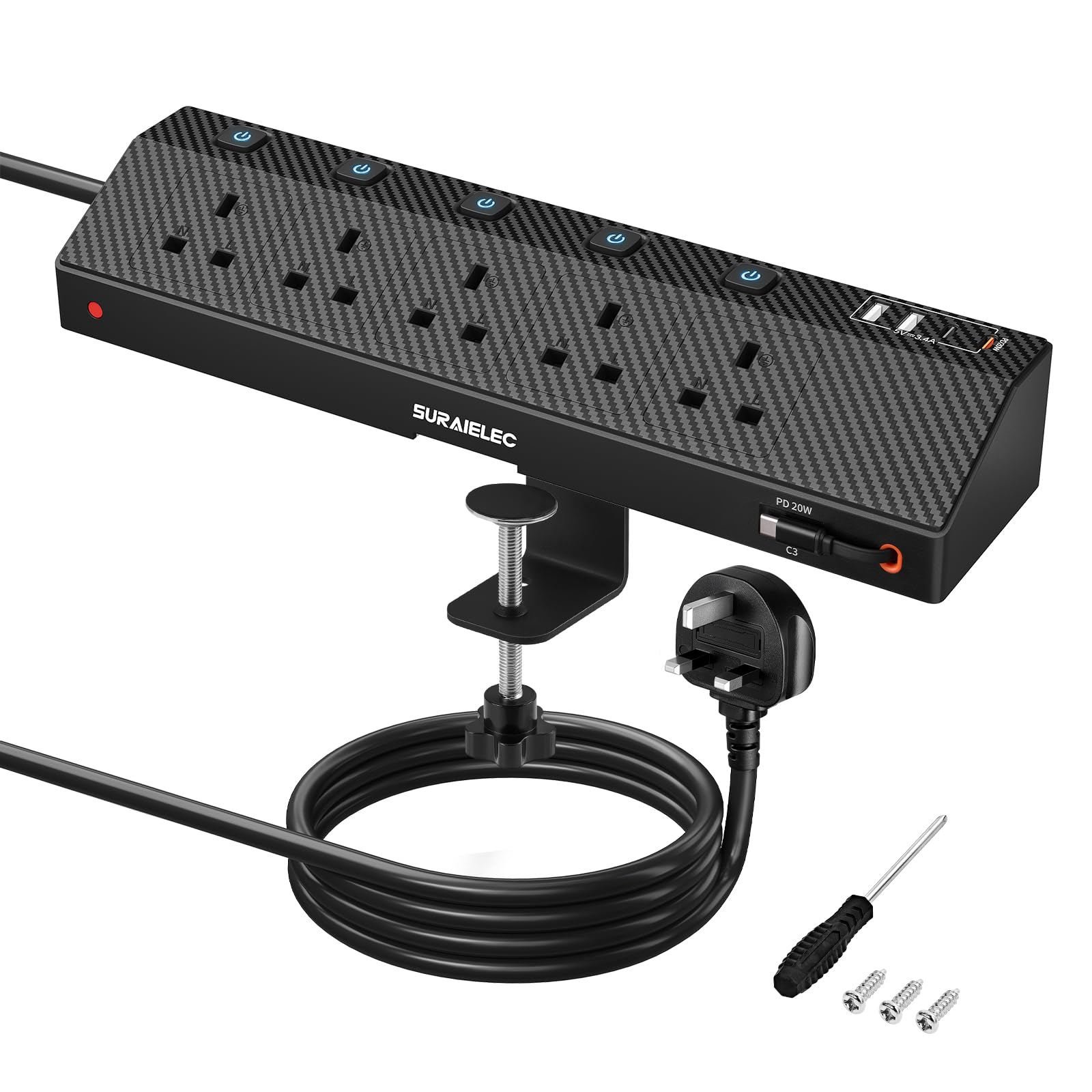 SURAIELEC Desk Extension Lead with PD20W USB-C Cable, 5 Way Desk Power Socket with Clamp and Individual Switches, 2M Desktop Power Strip with Surge Protection for Home and Office