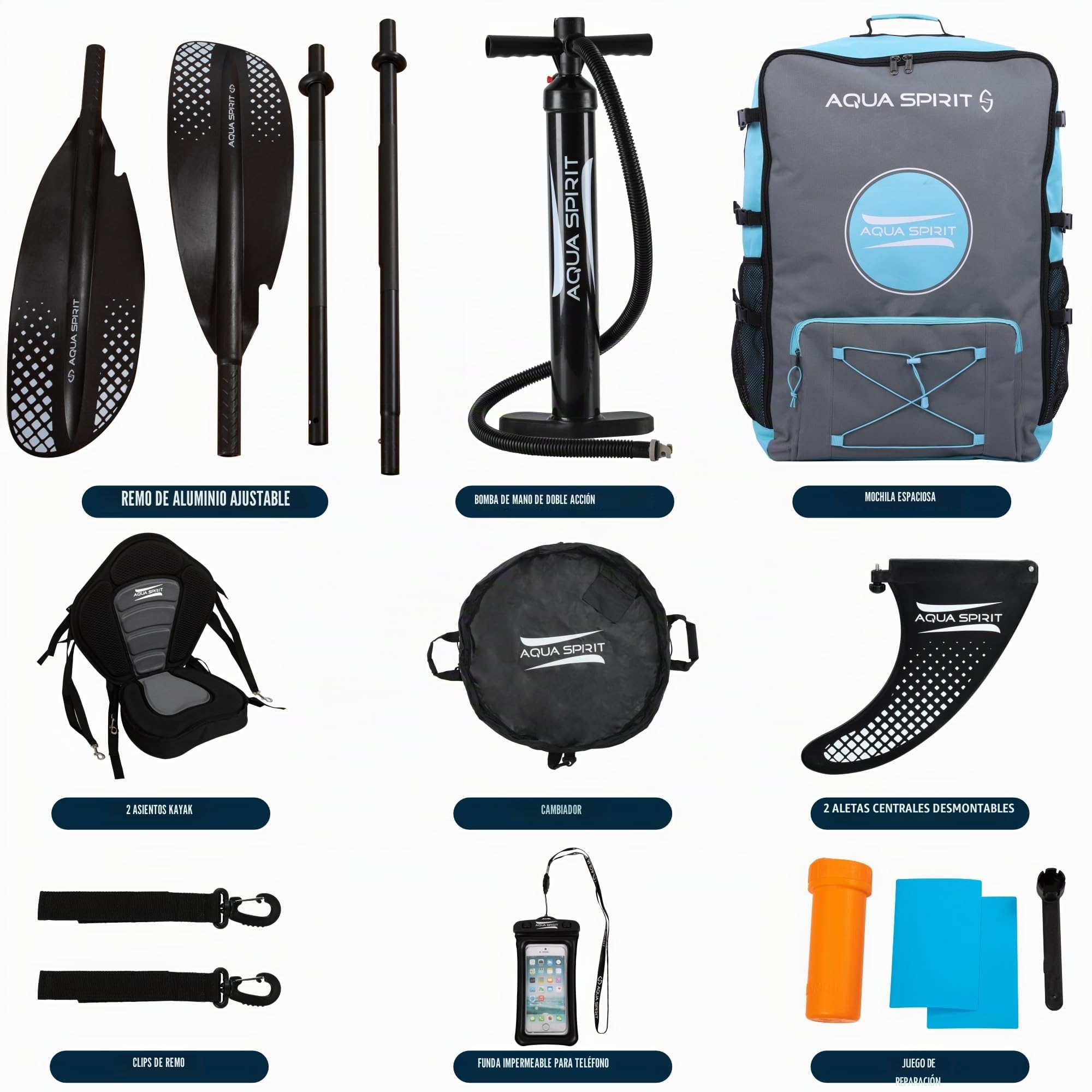 Aqua Spirit Tabla inflable de kayak | 10'12.7 cm/13'12.7 cm | Kit completo de kayak para 1 o 2 personas con remo, mochila, bomba de doble acción y más accesorios | Adultos principiantes/expertos