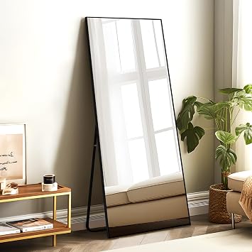 self Full Length Floor Mirror 65"22" Metal Aluminum Alloy Frame Floor Mirror with Standing Holder Standing Hanging or Leaning Against Wall MirrorBlack