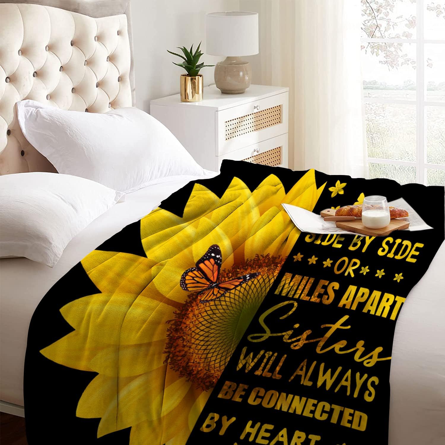 Sunflower Sister Blanket Gift - 60'x80' Birthday, Christmas Decorations Throw with Butterfly Pattern