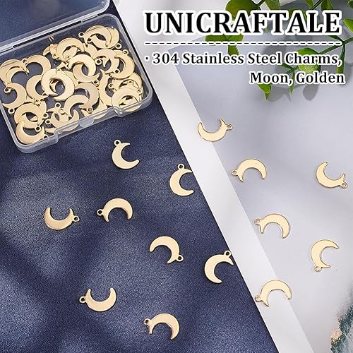 Miniatura 5 de UNICRAFTALE 50 dijes de luna de acero inoxidable, dijes dorados para hacer joyas, colgantes para collares, pulseras, aretes, manualidades, agujero