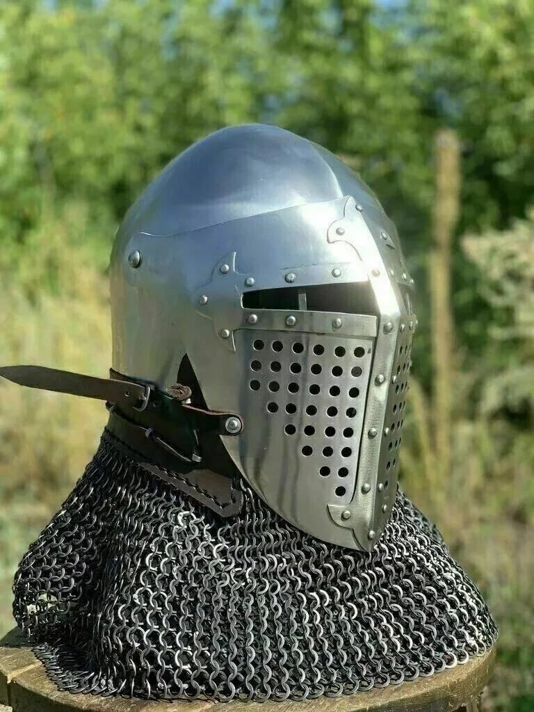 Medieval Bascinet Knight Helmet 18 Gauge Steel with Chainmail | Visor with Ventilation, Leather Chin Strap, Adult Unisex Size, Costume & LARP Use, Wipe Clean Care