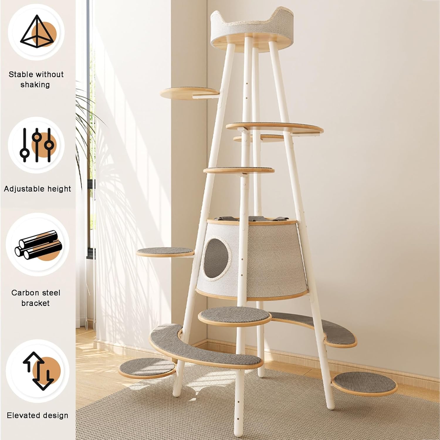 Post Jumping Cat Tree Adjustable Height Carbon Steel Bracket Multi Rubberwood Jumping Platform Hammock Multi-Cats Available