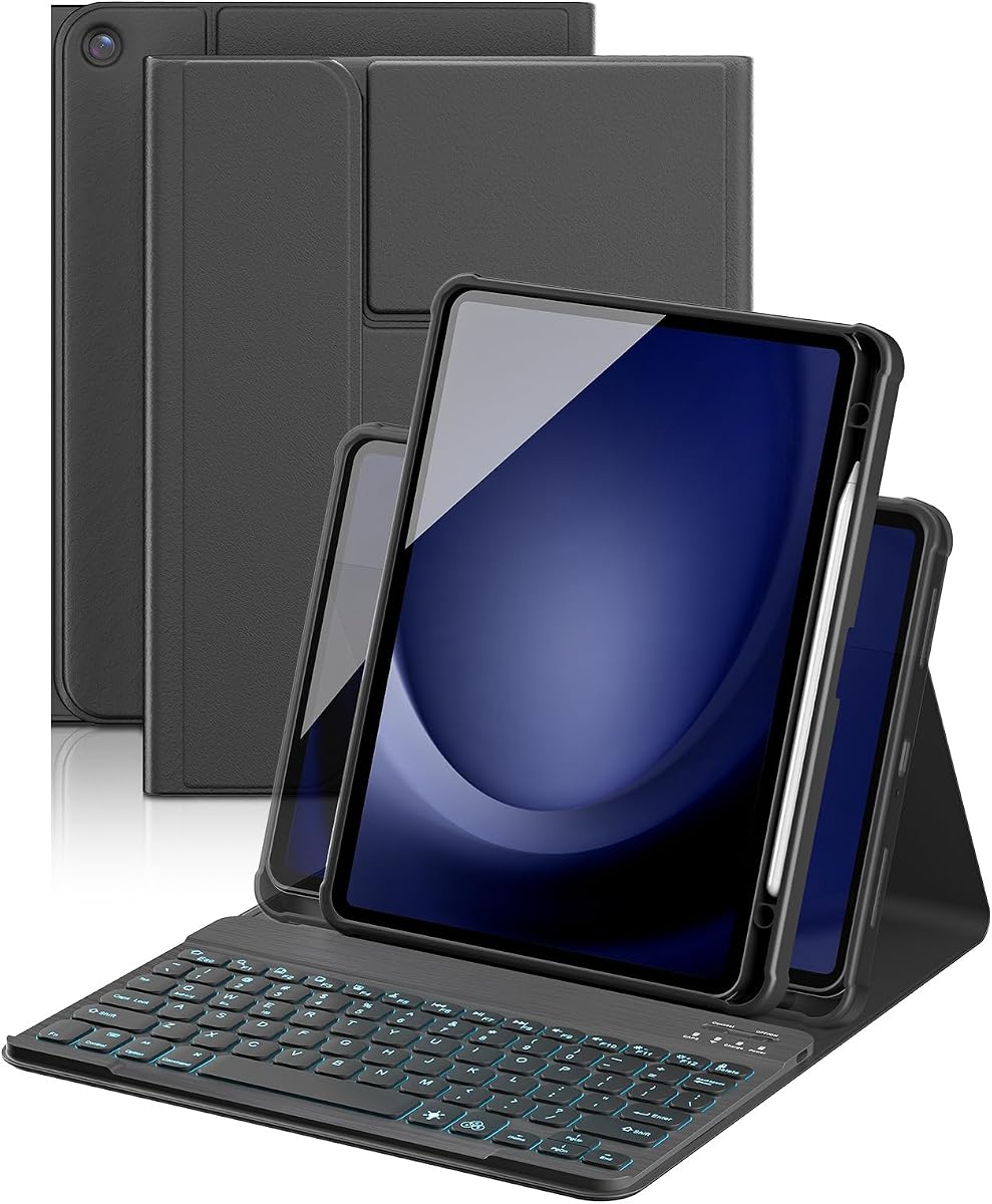 YBING Keyboard Case for Samsung Galaxy Tab A11 Plus & Galaxy Tab A9 Plus | 7-Color Backlit Wireless Detachable Keyboard & 360° Rotating Cover (Horizontal or vertical) with Pencil Holder, Black