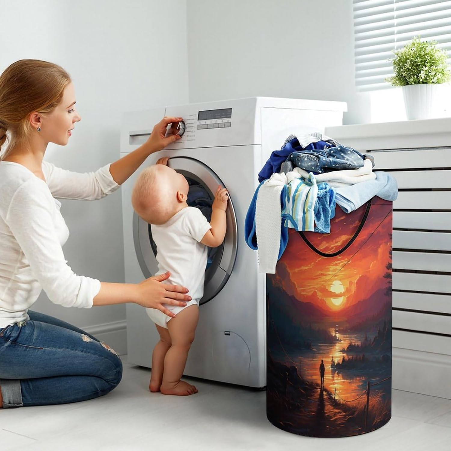 Sunset Art Laundry Hamper Freestanding Waterproof Clothes Hamper with Easy Carry Handles Large Collapsible Laundry Baskets Portable Dirty Clothes Basket