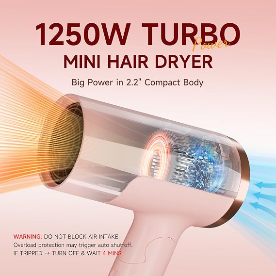 PRITECH 1250W Dual Voltage Travel Hair Dryer with Diffuser,Foldable