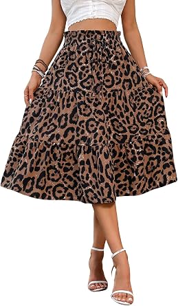 Womens Floral Tiered Midi Skirt Elastic Waist Dressy Casual A-line Summer Boho Skirts