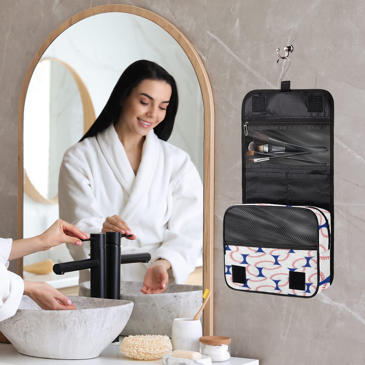 Baseballowy wzór podróżna kosmetyczka bejsbolówka design torba do mycia uniseks wiszące przybory toaletowe organizer na kosmetyki kosmetyki, wielobarwny, Jeden rozmiar