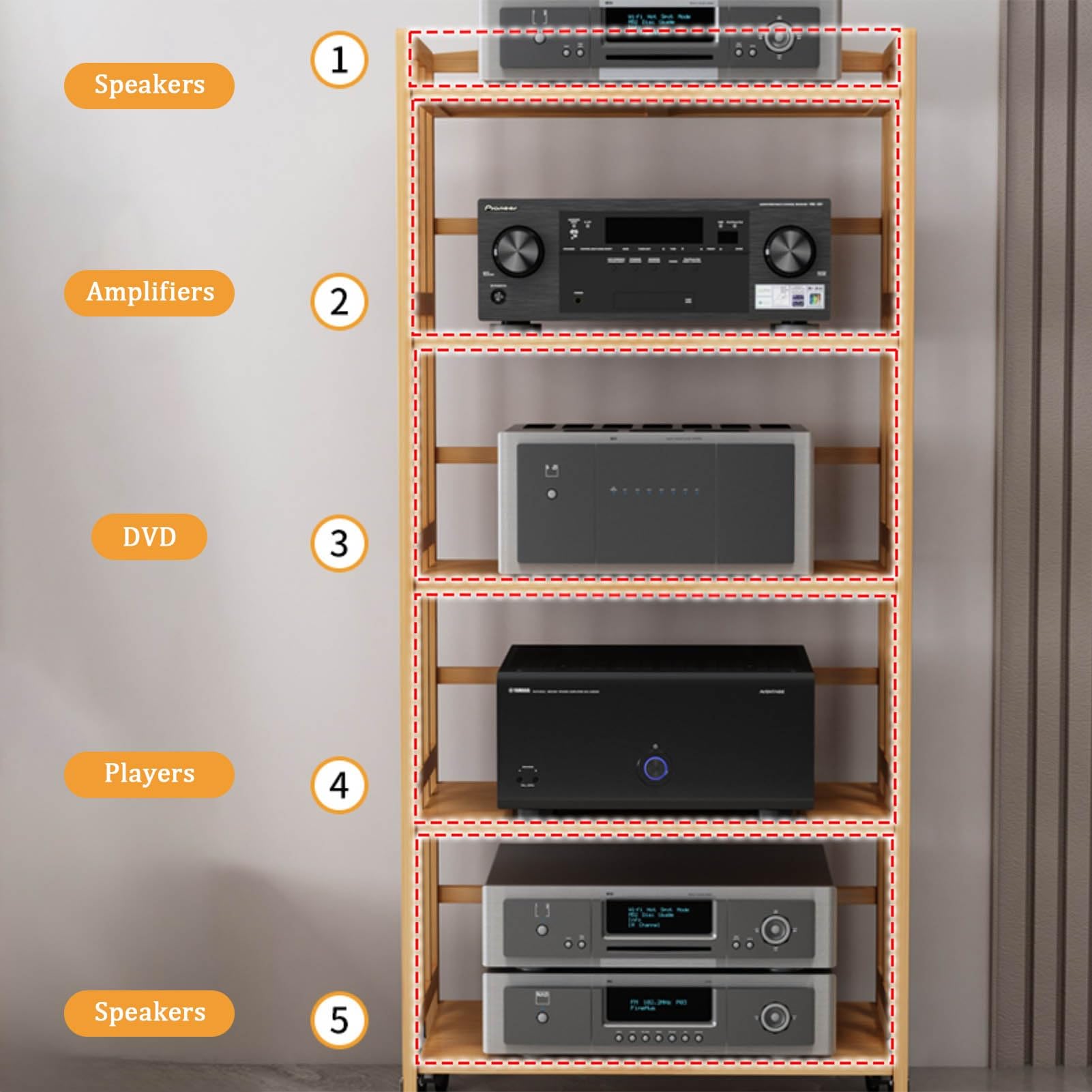 Stojak na Media z Bambusa, 2/3/4/5 Poziomów, Stojak na Sprzęt Audio, Regulowane Półki, Ruchoma Stojak na Drukarkę, Stojak do Przechowywania Komponentów Stereo(5 tier 60x38x158CM)