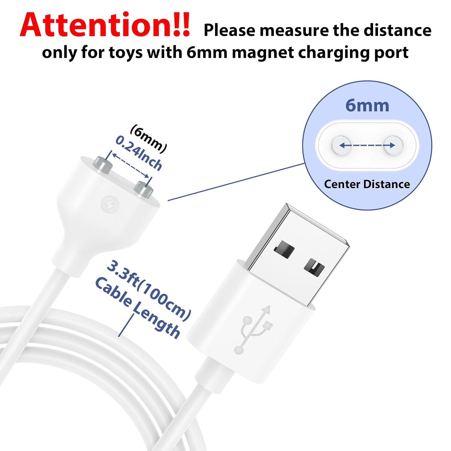 Vancle 2 Pack 6mm Magnetic USB DC Charging Cable with 2 Pins Charger Cord for Toys Massagers Electric Toothbrush