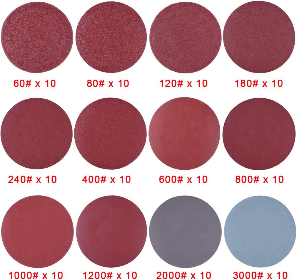 SIQUK 120 Pcs 2 inch Sanding Discs 60/80/ 120/180/ 240/400/ 600/800/ 1000/1200/ 2000/3000 Grit with 1 Pc 1/4 Inch Shank Backing Pad and 1 Pc Foam Buffering Pad: Industrial & Scientific