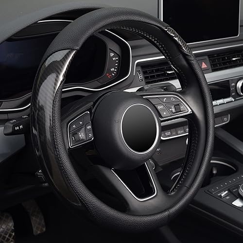 Miniatura 6 de KAFEEK Funda universal para volante de automóvil de 15 pulgadas, accesorios de cuero de microfibra de fibra de carbono negro, antideslizante