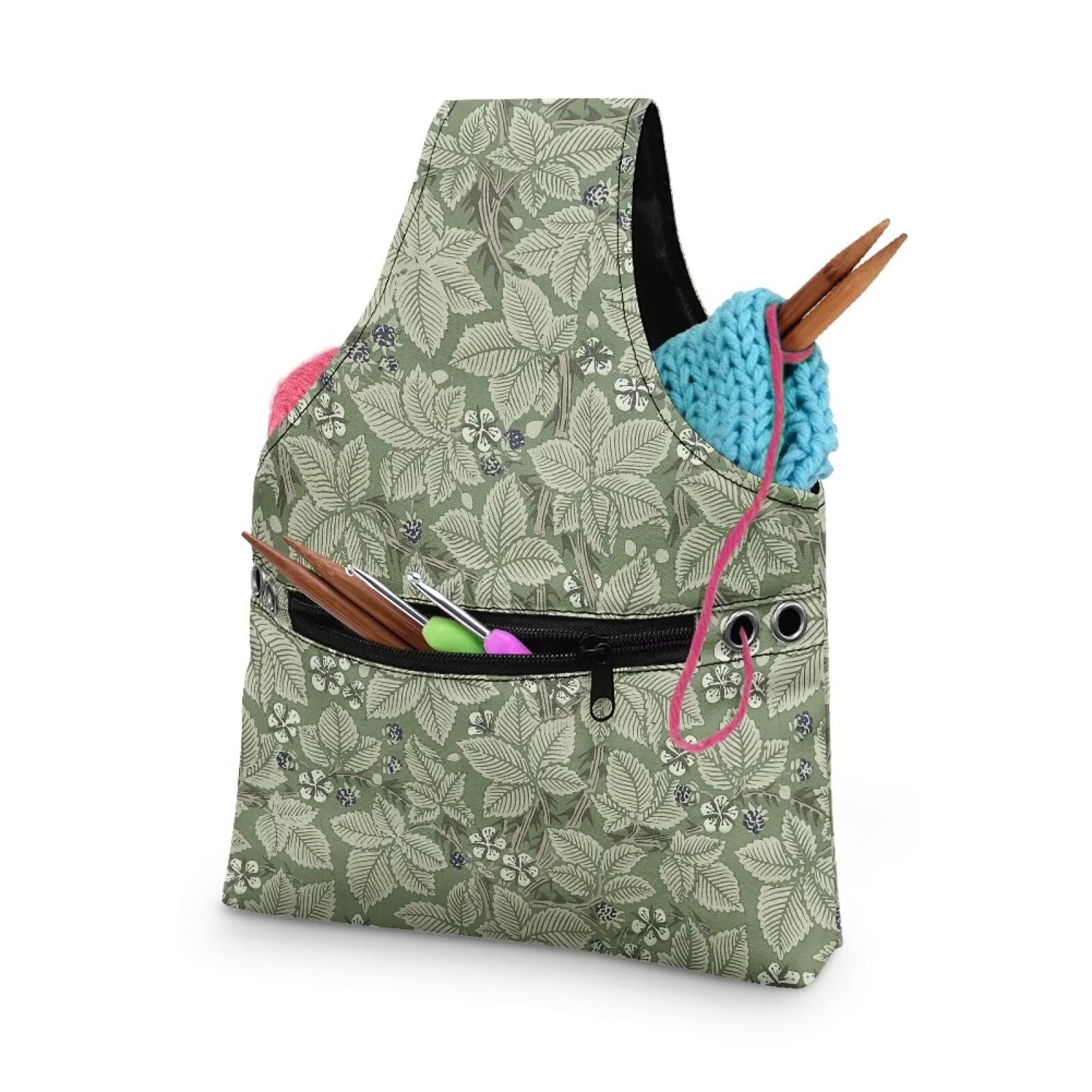 Buxolandt William Morris Flower Print Embroidery Project Bag - Small Waterproof Canvas Yarn Tote with Front Zipper Pocket, Compartment Organizer for Sewing & Knitting Supplies Accessory Storage