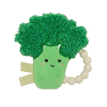 Pearhead Broccoli Baby Teether Soft Plush Sensory Toy with BPA-Free Silicone Beaded Ring & Crinkle Sound, Soothes Teething Pain, Funny Newborn Essential for Boys and Girls, 0+ Months