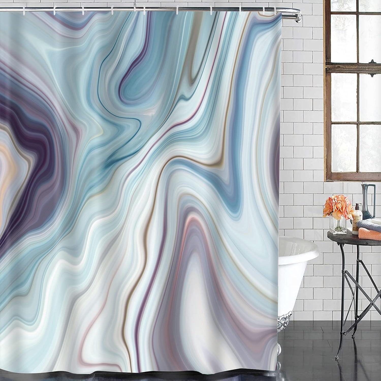 Emvency Shower Curtain Black Granite Marble White Gray Pattern Abstract Blue Ink Liquid Waterproof Polyester Fabric 72 x 72 inches Set with Hooks