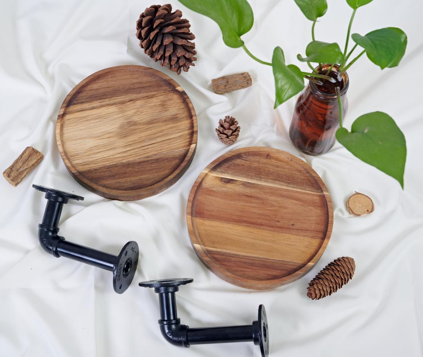 Round Wooden Floating Shelves Wall Mounted (Set of 2). Made of Acacia Wood. Industrial Pipe Brackets. A Unique Rustic Pedestal for Plants and Ornaments. Diameter 7.1 inches.