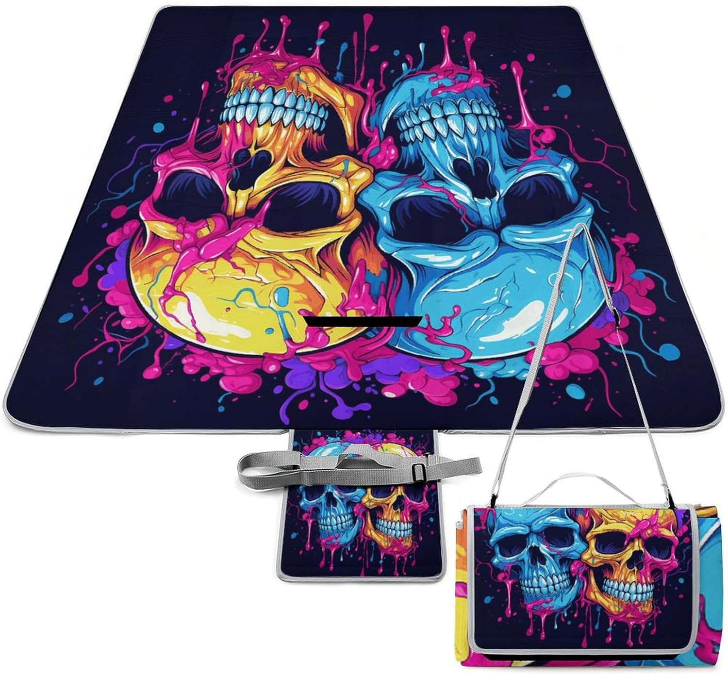 Outdoor Picnic Blanket Extra Large Beach Blanket Waterproof Picnic Mat Two Different Skulls Camping Blanket Portable with Carry Strap Park Blanket for Grass Camping Park