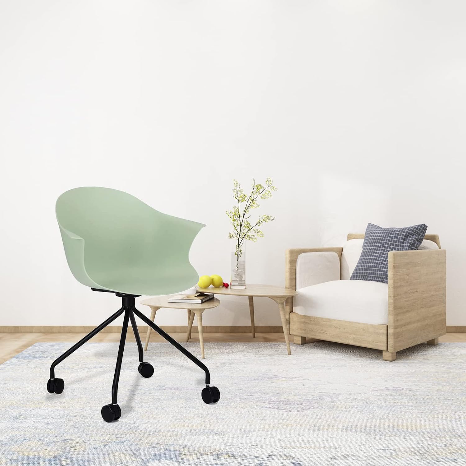 Modern Dining Chair with Wheels Set of 2, Mid Century Nordic Style Side Chairs, ABS Plastic Metal Legs, for Indoor Outdoor Kitchen, Living Room, Bedroom, Conference, Matcha Green